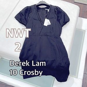 Derek Lam Crosby dress black linen satin cocktail v neck knee length nwt 2